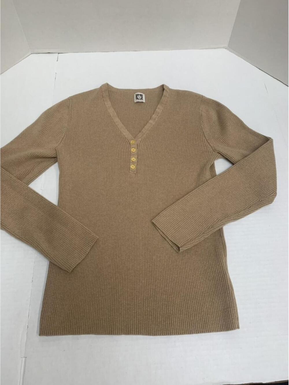 Anne Klein Ribbed Knit Womans Size Small Tan T Shirt Top Pullover